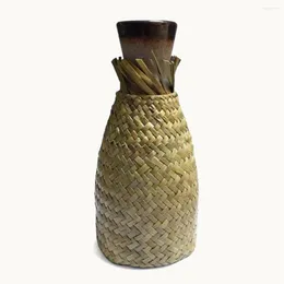 Flores decorativas Rattan Cerâmica Pote de flores à mão Vaso de palha de algas marinhas Arranjo de tecido