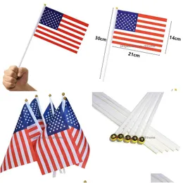 Banner-Flaggen, 14 x 21 cm, amerikanische Flagge, Polyester, festlich, USA, Unabhängigkeitstag, US-Garten, mit Fahnenmast, Drop-Lieferung, Heim-Partyzubehör, Dhbar