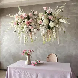 Decorative Flowers Luxury Suspended Ceiling Flower Row Arrangement Wedding Backdrop Deco Artificial Rose Delphinium Floral Event Party