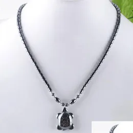 Pendant Necklaces Men Women Lucky Longevity Turtle Necklace Quality Natural Black Hematite Stone Beads 18 Choker Jewelry F3039 Drop Dha95