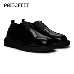 Dress Shoes Black Patent Leather Men's LaceUp Derby Round Toe Thick Bottom Large Size Formal Business Casual Cowhide 230522