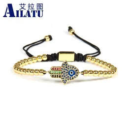 Bangle Ailatu Wholesale 10pcs/lot New Arrival Blue Eye Micro Pave CZ Hamsa Fatima Hand Macrame Bracelet for Nice Gift