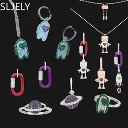 Düğüm Sljely Moda S925 STERLING Gümüş Mono Mor Gezegen Kaktüs Robot Küpe Küpe Yüzük Kadınlar Lüks Marka Monako Takı Hediyesi