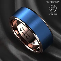 Band 8mm Blue Tungsten Carbide Ring Rose Gold Brushed Wedding Band Atop Men Jewelr