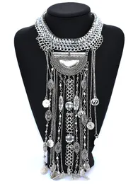 Chokers boho uzun maxi madeni para kolyesi kadınlar vintage etnik ifade büyük yaka püsküllü politika kolye femme gümüş çingene mücevherleri 230524