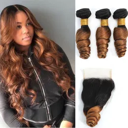 Ombre Bundles with Lace Closure 1B/30 Bundles with 4x4 Closure Loose Wave Indian Virgin Human Hair Dark Roots 2 Tone Loose Wave Bundles with Closure