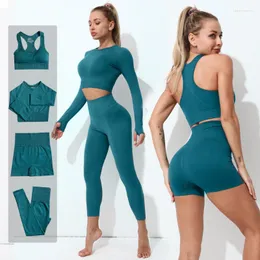 Active Sets 2/3/4PCS Set Nahtlose Frauen Hohe Elastische Yoga Workout Sportswear Gym Tuch Fitness Langarm Crop Top Leggings Sport Anzug