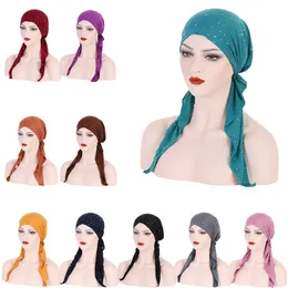 Kvinnor Stylish Pre-bunt Turban Sequins Chemo Cap Muslim Hijab Inner Caps Beanies Bonnet Long Tail Headscarf Hat Headwrap Headwear