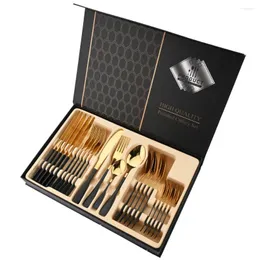 Set di posate Box Gold Knife Stainless Black 24pcs Gift Steel Fork Spoon Dinner Tableware Set di posate Argenteria Posate
