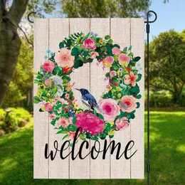 Banner Bandiere Ghirlanda di benvenuto a due lati Cerchio floreale Bandiera da giardino Banner Decorazioni per la casa con tappo in gomma antivento e clip 12,5''x18 '' 30x45cm G230524