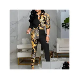 Damen Zweiteilige Hose Damen 2021 Mode Frauen Chic Set Outfits Briefdruck Colorblock Knoten vorne geknöpftes Oberteil Hohe Taille Drop D DH1Br
