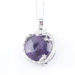 Pendant Necklaces Dragon Wrap Stone Dangle Necklace Flat Cabochon Round Gemstone Charm Jewelry Sier Chain 45Cm Bn313 Drop Delivery Pe Dh1Ml