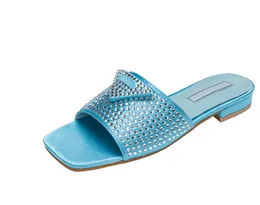 2023 esigner Zapatillas Triángulo Hebilla Zapatillas de mujer Moda verano playa de tacón bajo Diamante Jacquard Zapatos Cuero Goma lisa Suela Tamaño 36-42