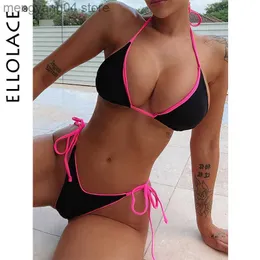 Women's Swimwear Ellolace Halter Swimsuit Woman Micro Bikini Patchwork Swimwear Sexy Summer Bathing Suits Lace Up Swimming Separate Beach Outfits T230524