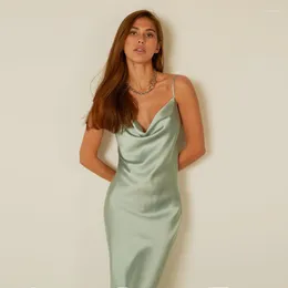 Casual Dresses Shyloli Mint Green Satin Sleeveless Sexy Strap Dress Deep V-Neck High Split Long 2023 Summer Vintage Vestidos