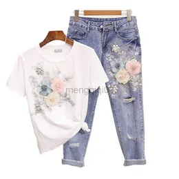 Damskie dresy letnia moda mody dżinsy dżinsy europejskie dżinsowe garnitur haft 3D kwiat żeńskie spodnie vintage feading zestawy s-xxl y23