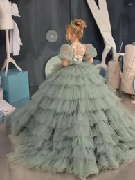 Kız elbise kabarık yeşil çiçek elbise güzel tül prenses ilk cemaat kızlar düğün partisi
