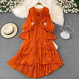 Super Immortal Beach Vacation Ruffle Edge High midja Slim V-Neck Dress Travel Photography Style Single Breasted 100 Pleated stor sväng lång klänning