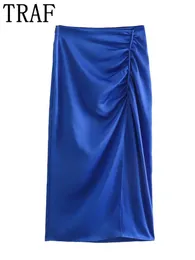 Dresses TRAF 2022 Blue Satin Skirt Women Ruched Split Long Skirts Woman Fashion High Waist Skirt With Slit Spring Elegant Midi Skirts
