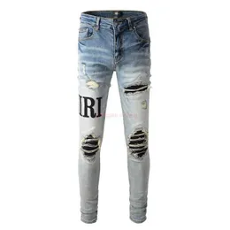 Abbigliamento firmato Amires Jeans Pantaloni denim Nebbia Amies Nuovo marchio di moda Lettera Patch lavato Vecchio buco High Street Slim Fit Leggero Jeans piccoli piedi Uomo Distressed Strappato S