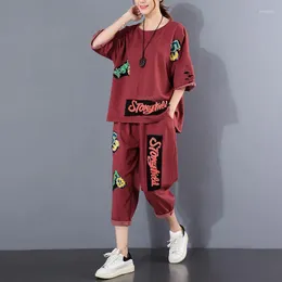 여자 T 셔츠 면화 여성의 짧은 슬리브 슈트 여름 느슨한 플러스 크기 찢어진 상단 캐주얼 바지 패치 인쇄 2 조각 패션