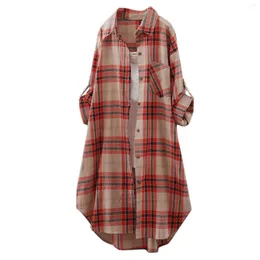 Women's Blouses Retro Red Plaid Shirt Women Cotton Oversized Long Sleeve Cardigan Feminina Sales Camiseta Manga Larga Mujer