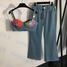 Золотой логотип подвеска топы женские расклешенные джинсы устанавливают винтажные печатные бюстгальтерные банки модные женские брюки уличная одежда