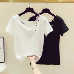 Camisetas femininas camisetas brancas camisetas de moda lady skew botões de colar