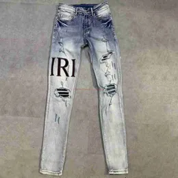 Designer-Kleidung: Amires Jeans, Denim-Hosen, Amies High Street, trendige Distressed-Jeans im amerikanischen Stil, Patchwork-Jeans für Herren, elastisch, schmale Passform, Distressed-Jeans mit kleinem Bein