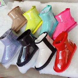 2023 Designer Australian Classic Clear Mini Botas Austrália Mulheres Inverno Neve Pele Meninas Kid Homens Cetim Bota Ankle Bootes Neves Meio Joelho Curto Motion Design 67ess