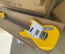 Sarı gövde elektro gitar gül ağacı klavye, beyaz inci pickguard, krom donanım, özelleştirilebilir.