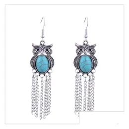 Charm Womens Owl Tassel Tibetan Sier Turquoise Earrings GSTQE039 Fashion Gift National Style Women Diy Earring Drop Delivery Smycken Dhrtl