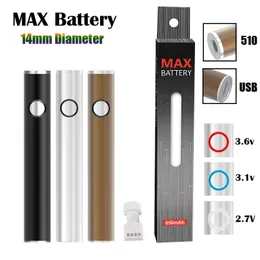 Autentica batteria Max 14mm di diametro Batterie a cartuccia 650mAh Preriscaldare la penna VV Vape a tensione variabile per 510 carrelli con passthrough USB