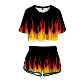 Women's Tracksuits Harajuku Red and yellow flame 3D Print Short Sleeve Cool Sexy Shorts+lovely T-shirts Dew navel Pretty Girl suits Two Piece Set Y23