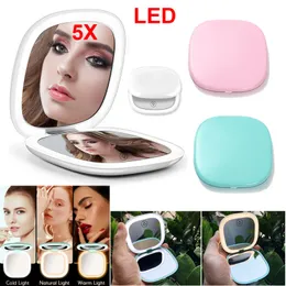 Espelho de maquiagem iluminado por LED com espelho cosmético de luz Ampliação 5x Bolso compacto portátil de viagem Unversial Design recarregável USB
