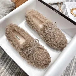 Dress Shoes Women's Plush Cotton Female Winter Outdoor Warm Snow Boots Lamb Wool Butterfly Mom Flat Bow Loafers Ladies Big Size Y23