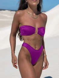 Kvinnors badkläder Miyouj Bandeau Bikini Set 2023 baddräkt Kvinnor Badkläder Micro Thong Bikinis Sexig lapptäcke Tryck Baddräkter Brasilianska Biquini Y23