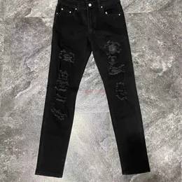Designer Clothing Amires Jeans Denim Pants Amies Black Diamond Pierced Jeans Mens Fashion Korean Version High Street Fashion Slim Elastic Small Leg Pants Men Distre