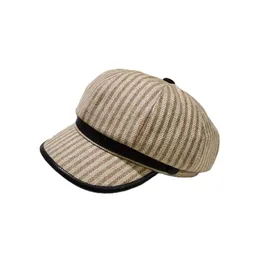 Stingy Brim Hats Elegant Art Octagonal Hat For Women Autumn Winter Casual Stripe Artist British Style Berets Woolen Woman Retro