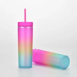 DHL 16oz Straight Acrylic Tumbler with Lid Straw Gradient Colors Plastic Cup 480ml Double Wall Acrylic water bottle BPA Free