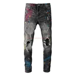 Designer Clothing Amires Jeans Denim Pants Amies High Street Double Knee Torn Jeans Mens Fashion Brand Slim Fit Small Foot Stretch Made Old Splashink Paint Trousers D