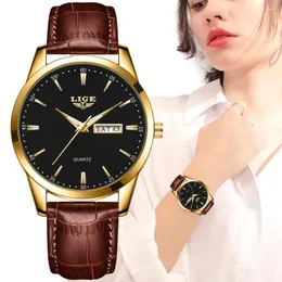 Нарученные часы Lige Watch for Women Top Quartz дышащий кожаный ремешок водонепроницаемый бизнес повседневность