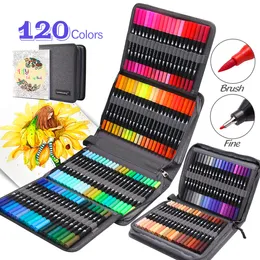 Markörer ZSCM 8122436160 120 Färg Dual Brush Marking Pen Color Pencil Watercolor Art Marking Fine Line Calligraphy Pen 230523