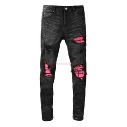 Designer Clothing Amires Jeans Denim Pants High Street Amies Fashion Brand Black Hole Red Patch Slim Fit Jeans Mens Stretch Slim Slp Pants Distressed Ripped Skinny Mo