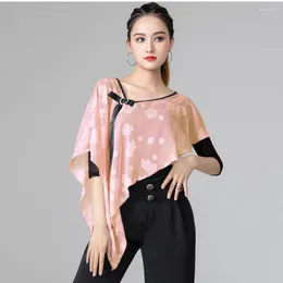 Stage Wear Female Latin Dance Dress Women Mesh Shawl Tops Half Sleeve Ballroom Waltz Tango Practice Dancewear Clothes AS5135