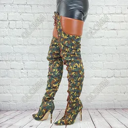 Olomm Donna Inverno Stivali coscia Sexy Stiletto Tacchi alti Punta a punta Camouflage Scarpe da festa Donna Plus Taglia USA 5-15