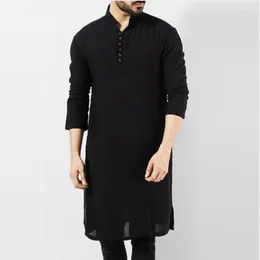 Etnisk kläder Bomull Jalabiyat Ramadan 2023 Solid Color Arabiska mäns långa skjorta Muslimska män Robe ärmar Abaya Islamiska Thobe Eids