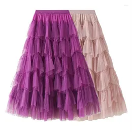 Kjolar 2023 solid färg tyll kjol vår sommar kvinnor mode koreanska långa maxi kvinnliga vintage bollklänning lady kläder
