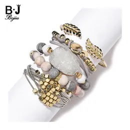 Bangle New Natural Stone Beads Bracelet Set Femme 2020 Boho Gold Leaf Quartz Druzy Bangles Charm Bracelets For Women Jewelry BCSET304