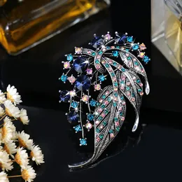 Rainbow Crystal Flower Brooches For Women Silver Color Rhinestone Alloy Plant Brooch Safety Pins